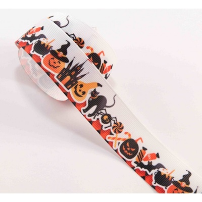 Rypsová stuha s motívmi halloween - biela, oranžová, čierna - šírka 2,5 cm