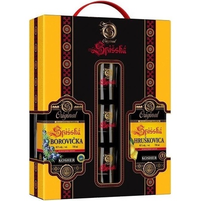 Kosher Spišská Borovička Kosher 40% 0,7 l + Hruškovica 40% 0,7 l (darčekové balenie 3 poháre)
