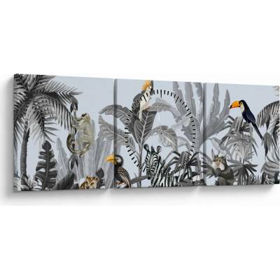 Obraz - Ilustrovaná džungľa (s hodinami), trojdielne 90x30 cm s hodinami