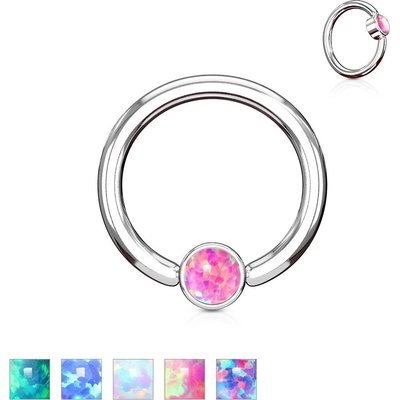 Šperky eshop piercing z oceli stříbrné barvy kroužek se syntetickým opálem W11.24 Zelená