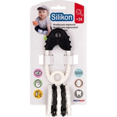 Profibaby Kousátko špendlík + přívěsky silikon/plast 12cm černobílá na kartě