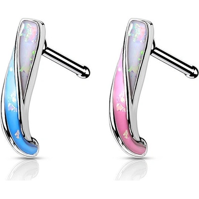 Šperky eshop zahnutý ocelový piercing do nosu duhové odlesky syntetický opál PC01.18 bílo růžová