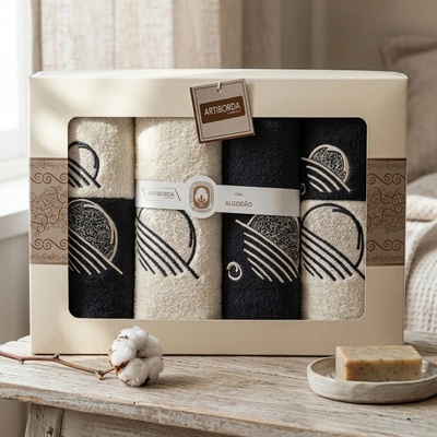 4sleep set ručníků a osušek 393 6 ks černá a krémová s výšivkou 2 ks 30 x 50 cm + 2 ks 50 x 90 cm + 2 ks 70 x 140 cm