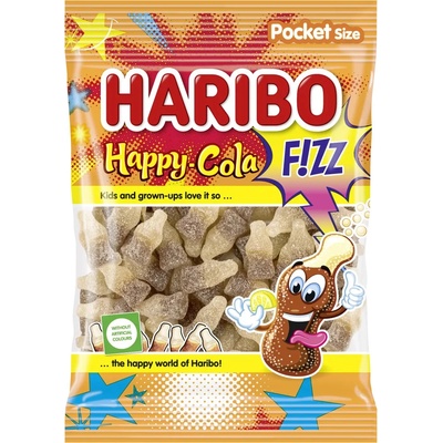 Haribo Happy Cola Fizz kyselé želé s příchutí ovoce a coly tvar lahviček 80 g