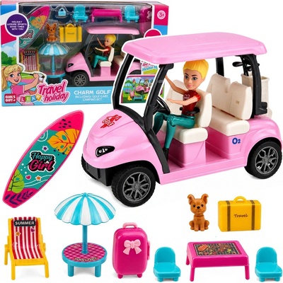 LEAN Toys Golfový set s ružovým golfovým vozíkom bábikou psíkom a prázdninovými doplnkami