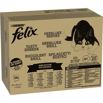 Felix Tasty Shreds hovädzie losos kura tuniak 120 x 80 g