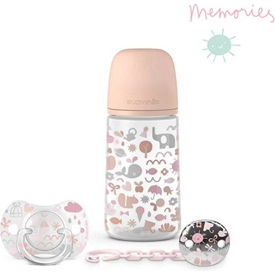 Suavinex sada + dudlík fyziologický klip memories růžová 270ml