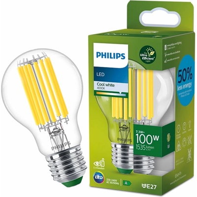 Philips LED žiarovka E27 A60 7,3W = 100W 1535lm 4000K Neutrálne vlákno Ultra Efficient