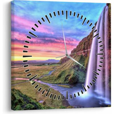 Obraz - Vodopád Seljalandsfoss (s hodinami), jednodielne 30x30 cm s hodinami