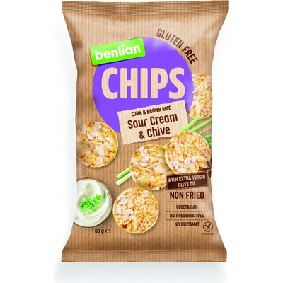 Benlian Rice Chips chipsy z kukuřice a hnědé rýže s příchutí zakysané smetana pažitky 60 g
