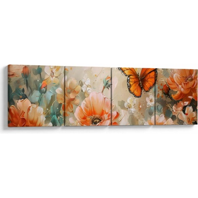 Obraz - Motýľ a kvety, olejomaľba, štvordielne 160x40 cm