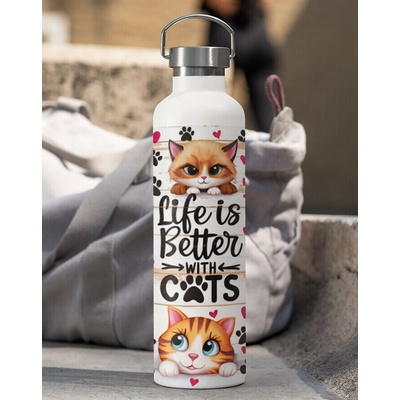 Canvas termoska s bambusovým víčkem Life is better with cats 500 ml Bílá