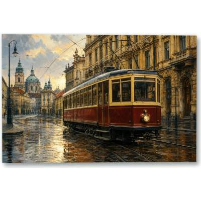 Plakát – Historická tramvaj v deštivé městské ulici 135 × 90 cm Bez rámu Ne Bez rámu