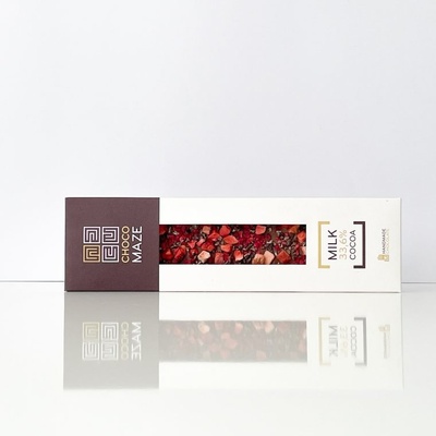CHOCOMAZE Sweet čokoláda z mliečnej 33% čokolády s jahodami, malinami a drvenými kakaovými bôbmi 100 g