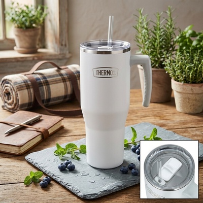 Thermos Refreshing termohrnček s madlom a slamkou 1,1 l matne biela