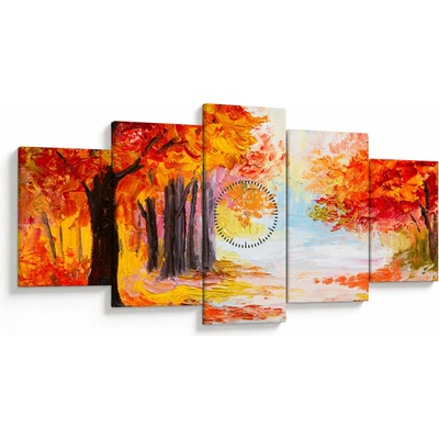 Obraz - Olejomaľba, farebná jeseň (s hodinami), päťdielne 150x80 cm s hodinami