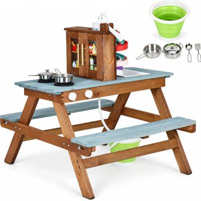 ECOTOYS Drevená bahenná kuchynka pre deti so stolom, lavičkami, drezom a vodnou pumpou