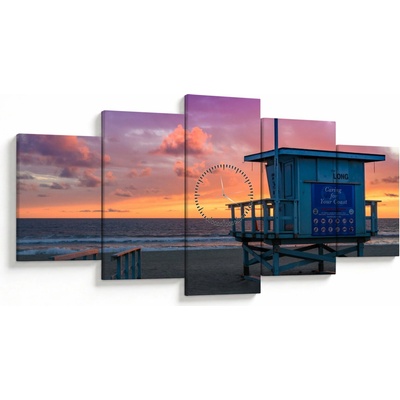 Obraz z pláže Santa Monica (s hodinami), päťdielne 150x80 cm s hodinami