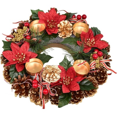 Adventný šiškový veniec POINSETTIA s mašľou 30 cm