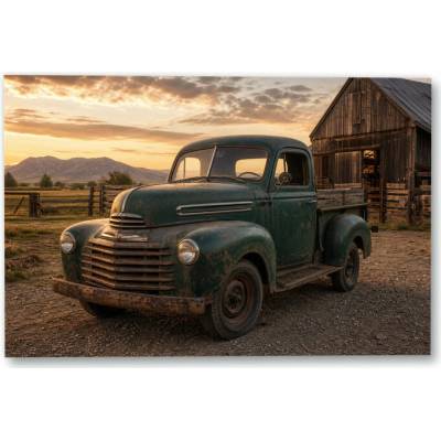 Plakát – Zelený historický pickup u stodoly 135 × 90 cm Bez rámu Ne Bez rámu