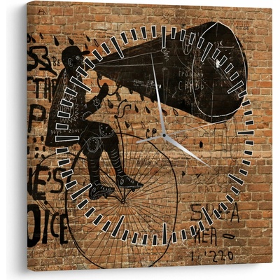 Obraz - Muž na bicykli v Banksyho štýle (s hodinami), jednodielne 30x30 cm s hodinami