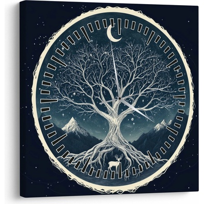 Obraz – Magický strom s jeleňom II. (s hodinami), jednodielne 30x30 cm s hodinami