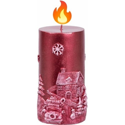 Sviečka MagicHome Vianoce, 7x12,5 cm, valcová, červená, s 3D krajinkou