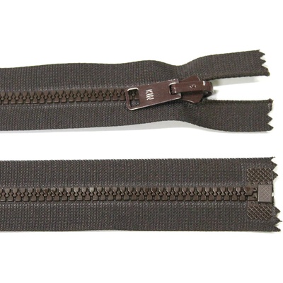 KOH-I-NOOR Kostěný zip no.5 rozepínací 45cm tmavě hnědý bundový s překlápěcím jezdcem
