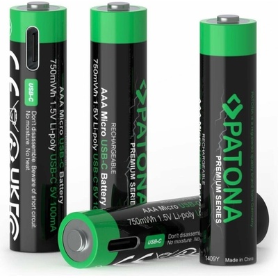 PATONA nabíjecí baterie AAA/LR03 Li-Pol 500mAh 1,5V s USB-C nabíjením, 4ks v balení