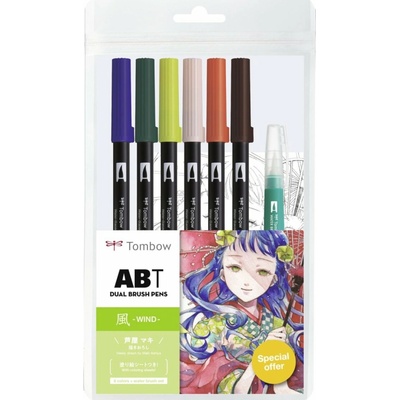 Tombow ABT 6ks + vodní štětec Manga Wind ABT-6P-MANGA-WIND