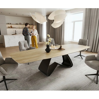 DELIFE Edge oválný 200-300 x 120 cm keramika Laminam Sabbia dubová podnož ve tvaru W kov černá