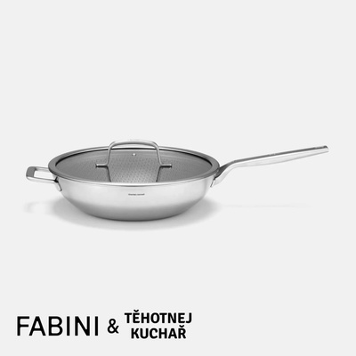 FABINI Wok pánev & Těhotnej kuchař 2.0, 30 cm - Nerezová beznýtová pánev s hybridním keramickým povrchem z vícevrstvé nerezové oceli s poklicí