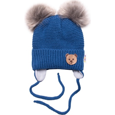 BABY NELLYS Zimná čiapka s fleecom Teddy Bear chlupáčk. bambuľky tm. modrá šedá