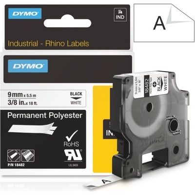 Páska Dymo Rhino PES, 9mm (18482) bílá, černý tisk, 5,5m