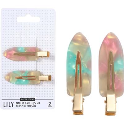 Spony do vlasov s podložkami Sister Young Lily Makeup Hair Clips Set - 6 cm, 2 ks - ružovo-zelené