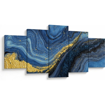 Obraz - Modro-zlatá abstrakcia (s hodinami), päťdielne 150x80 cm s hodinami