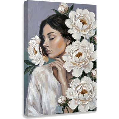 Obraz ženy s bielymi kvetmi na plátne – s ručne maľovanými detailmi - 60x90 cm