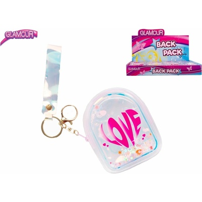 Klíčenka Glamour mini batůžek holografický 10,5 cm se třpytkami s přívěskem na klíče