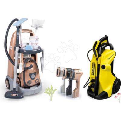 Smoby Set úklidový vozík a vysokotlakový čistič Rowenta Trolley Vacuum Cleaner s elektronickým vysavačem a ruční naparovač