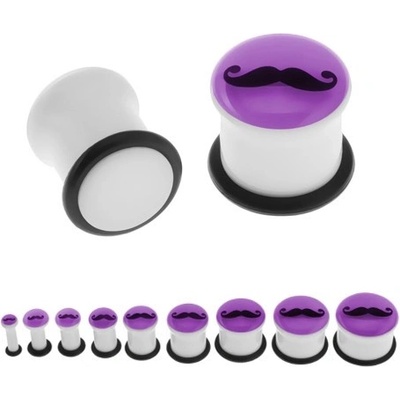 Šperky eshop plug do ucha bílá fialová přední část svítící ve tmě knírek gumička SP68.19