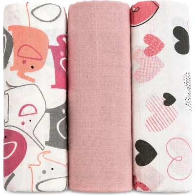 Baby Nellys Mušelínové DELUX Sloni růžoví 60 x 80 cm bílá růžová 3ks