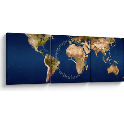 Obraz - Mapa sveta (s hodinami), trojdielne 90x30 cm s hodinami