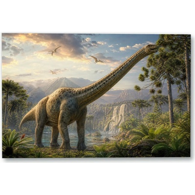 Plakát – Dlouhokrký dinosaurus v zelené krajině Bez rámu Ano Bez rámu 135 × 90 cm