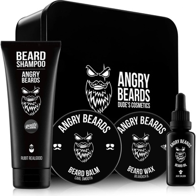 Angry Beards Jack Saloon olej na vousy 30 ml + balzám na vousy 50 ml + vosk na vousy 30 ml + šampon na vousy 250 ml dárková sada