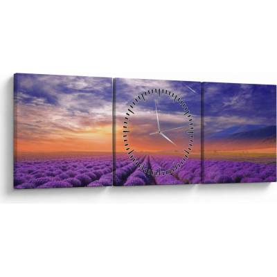 Obraz levanduľového pole (s hodinami), trojdielne 90x30 cm s hodinami