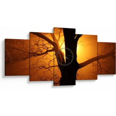 Obraz stromu pri západe slnka (s hodinami), päťdielne 150x80 cm s hodinami