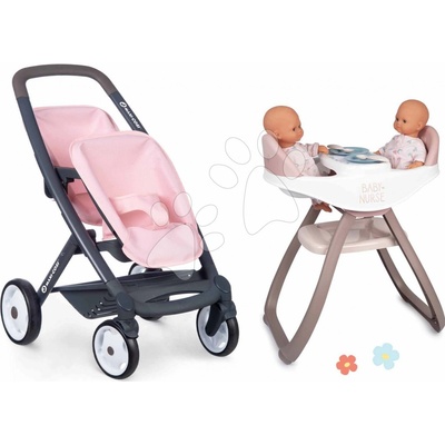 Smoby Set kočárek pro dvojčata Powder Pink Maxi Cosi&Quinny Smoby s bezpečnostním pásem a jídelní židlí – Hledejceny.cz