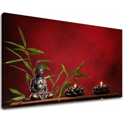 Papilora Obraz Budhu a bambusu v červenej a zelenej na plátne – Feng Shui - 40x60 cm