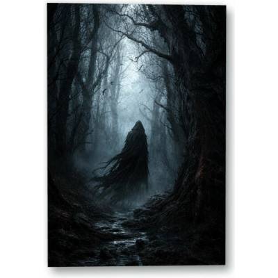 Plakát – Zahalená postava v mlhavém lese 90 × 135 cm Bez rámu Ne Bez rámu