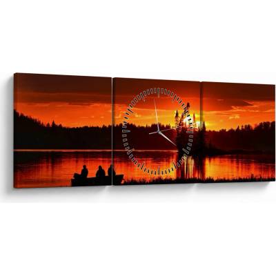 Obraz - Rybári na jazere (s hodinami), trojdielne 90x30 cm s hodinami